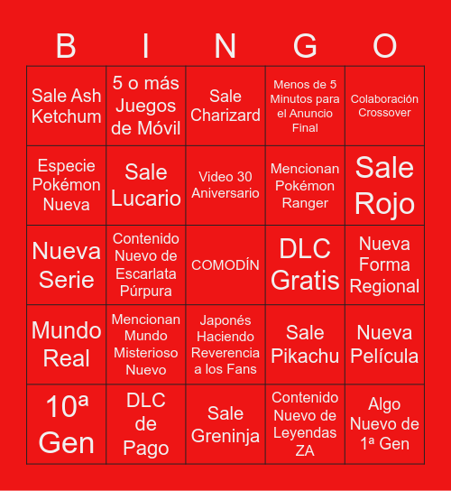 Pokémon 30 Aniversario Bingo Card