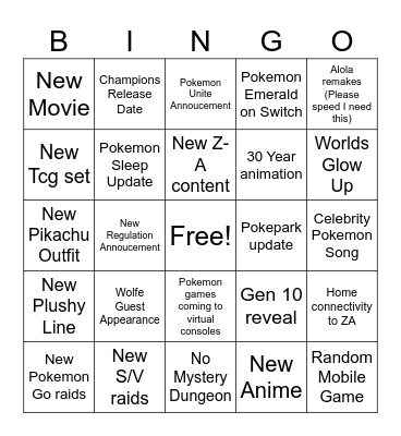 Pokemon Presents Bingo Card