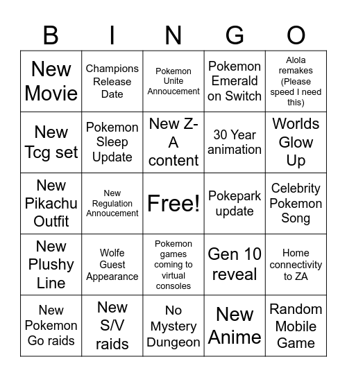 Pokemon Presents Bingo Card