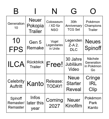 Pokemon 30 Bingo Card