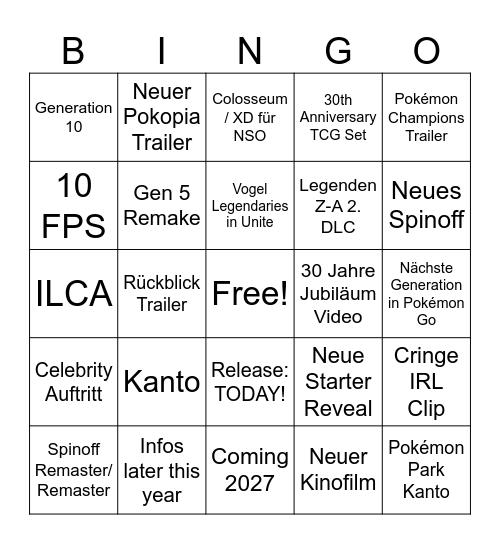 Pokemon 30 Bingo Card