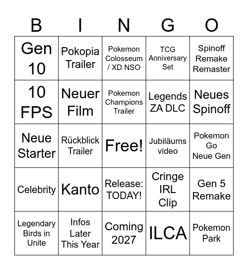 Pokemon Presents 30 Bingo Card