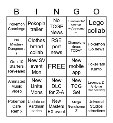 Pokemon Presents 2026 Bingo Card