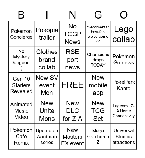 Pokemon Presents 2026 Bingo Card