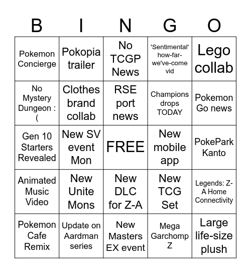 Pokemon Presents 2026 Bingo Card