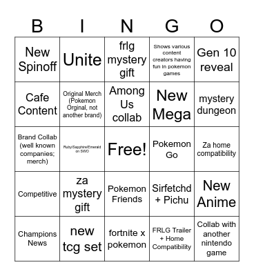 Pokemon Presents Bingo Card