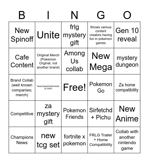 Pokemon Presents Bingo Card