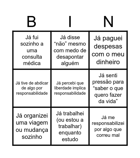 O bingo da adultez Bingo Card