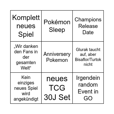 Pokémon Presents Bingo Card