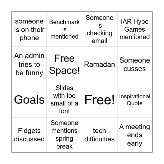 Institute Day Bingo Card