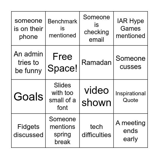 Institute Day Bingo Card