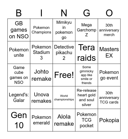 Pokemon day 2026 Bingo Card