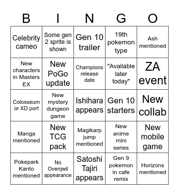 Pokemon Day Bingo Card