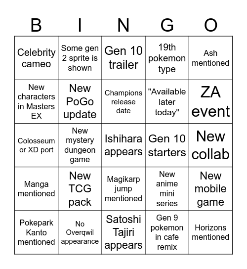 Pokemon Day Bingo Card