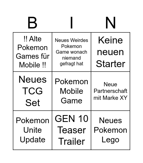 Pokemon Presenet Bingo Card