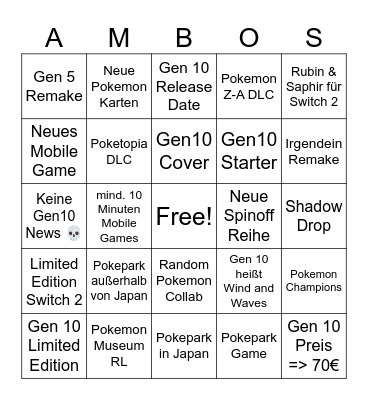Pokemon Bingo Card