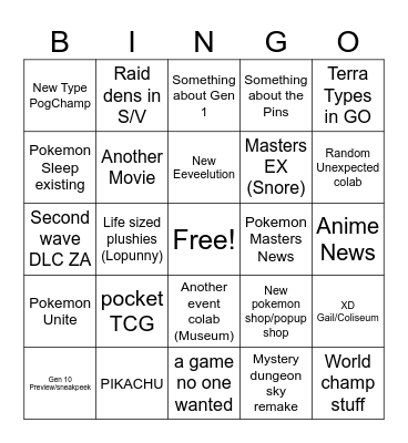 Pokemon Bingo Card