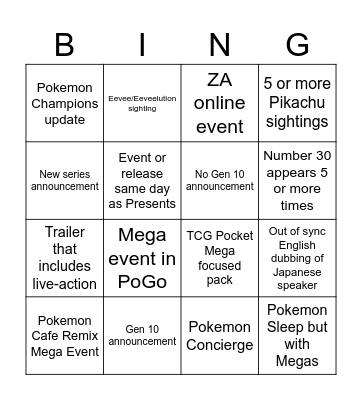 Pokemon Presents Bingo Card Bingo Card
