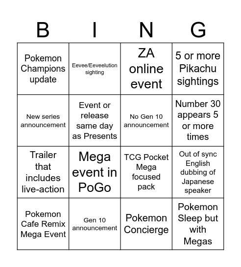 Pokemon Presents Bingo Card Bingo Card