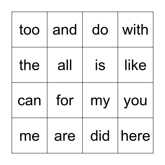 Heart Word Bingo Card