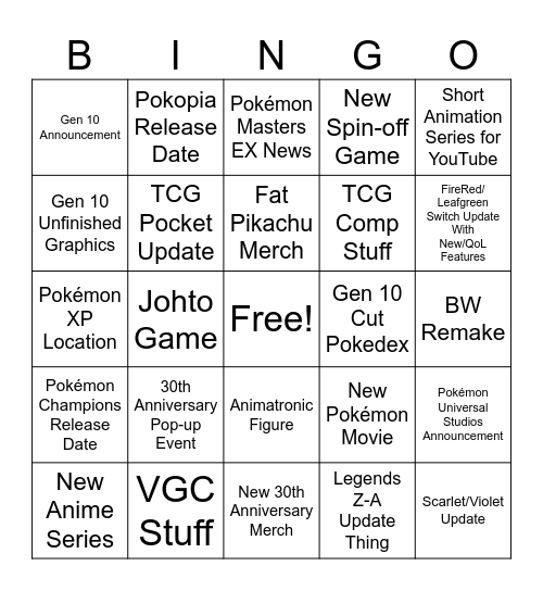 Pokemon Presents 2/27/26 Bingo Card