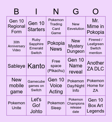 Pokemon Presents 2026 Bingo Card