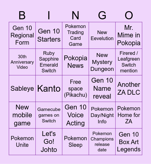 Pokemon Presents 2026 Bingo Card