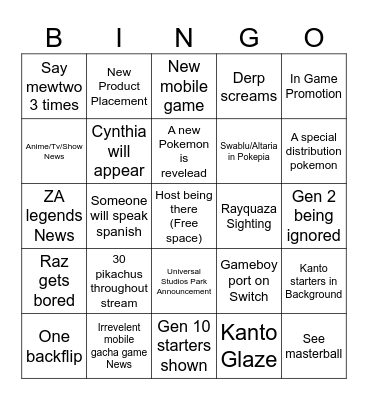 Pokemon Presents Bingo Card