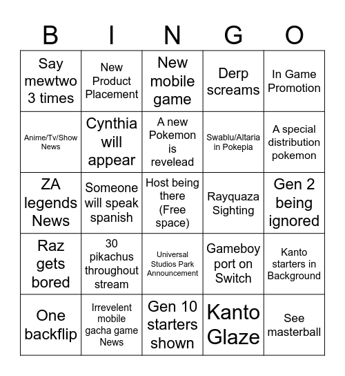 Pokemon Presents Bingo Card