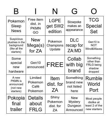 Pokémon Presents 2/27/26 Bingo Card
