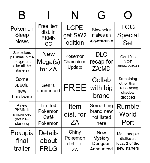 Pokémon Presents 2/27/26 Bingo Card