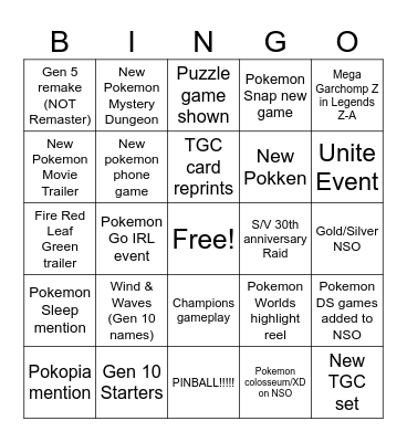 Pokemon Direct 2026 Bingo Card