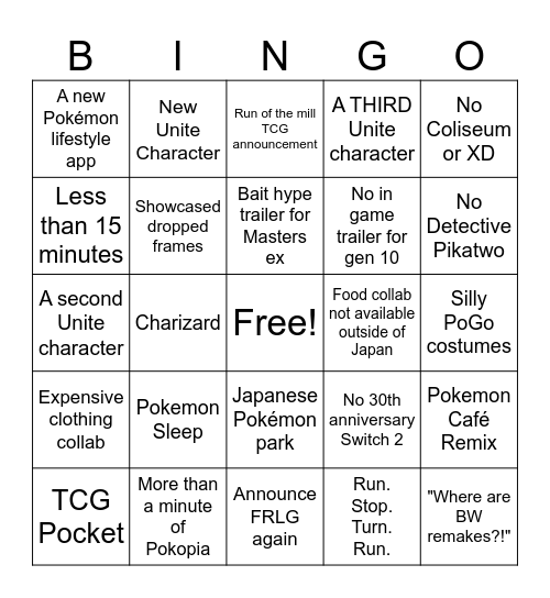 Undercooked Pokemon Day Bingo Card