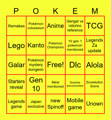 Pokemon Presents Bingo Card