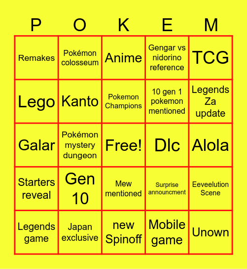Pokemon Presents Bingo Card