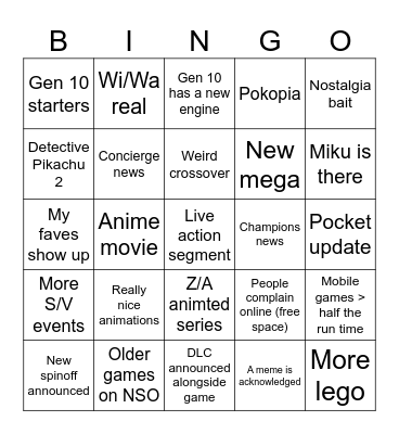 Pokemon Presents Bingo Card