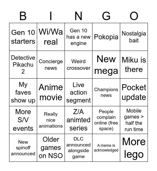 Pokemon Presents Bingo Card