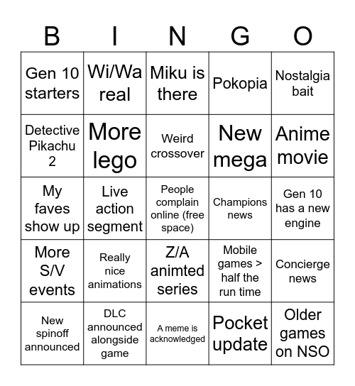 Pokemon Presents Bingo Card
