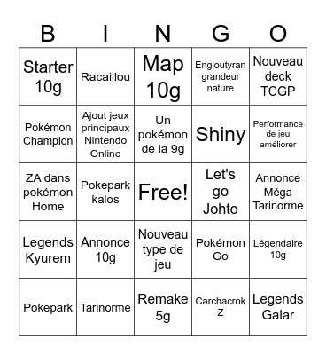 Bingo Pokemon direct Bingo Card