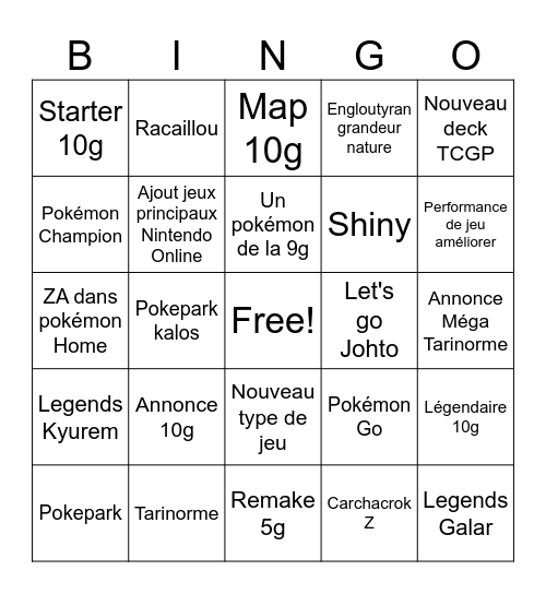 Bingo Pokemon direct Bingo Card