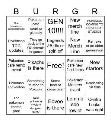 Burger boys pokemon bingo Card