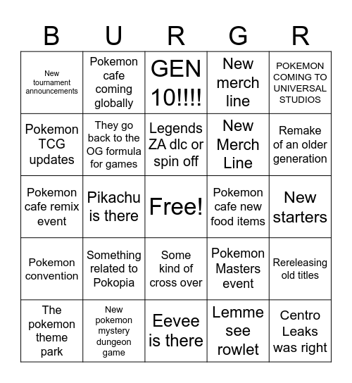 Burger boys pokemon bingo Card