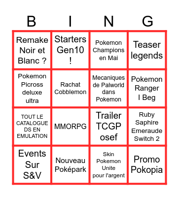 Pokémon direct Bingo Card
