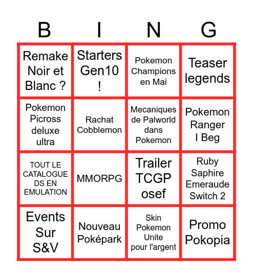 Pokémon direct Bingo Card