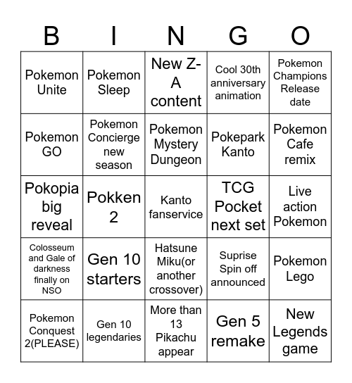 Pokemon Presents 2026 Bingo Card
