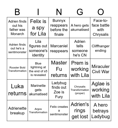 Miraculous 617-626 Predictions! Bingo Card