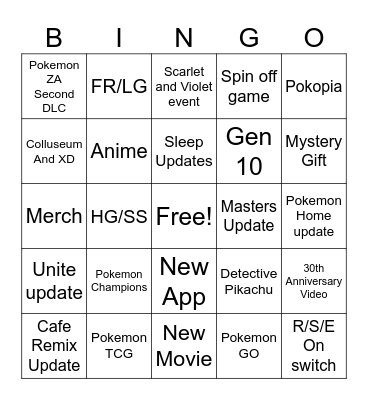 Pokemon Presents Bingo Card
