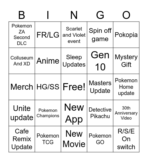 Pokemon Presents Bingo Card
