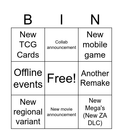 Pokemon Present Bingo Card
