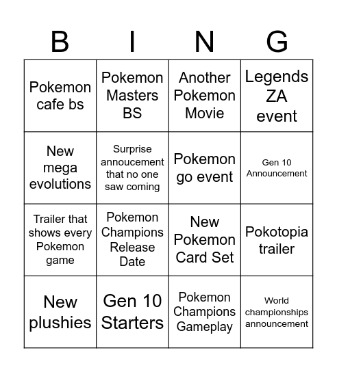 Pokemon Day Bingo Card